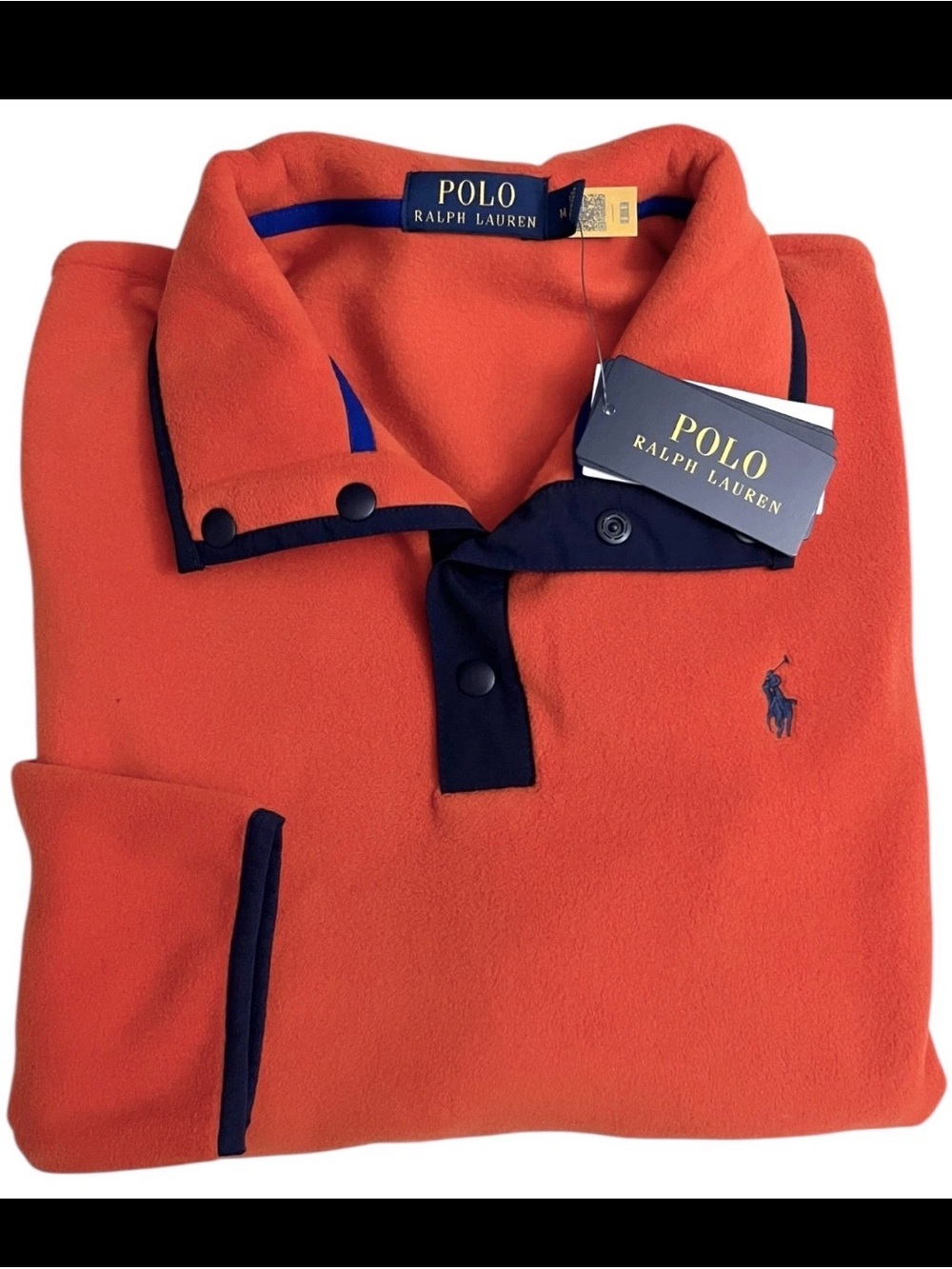Polo Ralph Lauren 1/4 Snap Long Sleeve Jacket Fleece Orange w/Navy Blue Trm $125